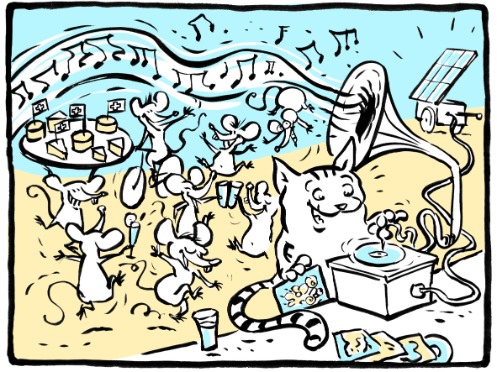 Cartoon mit Katze, die Musik macht, und Mäusen, die tanzen